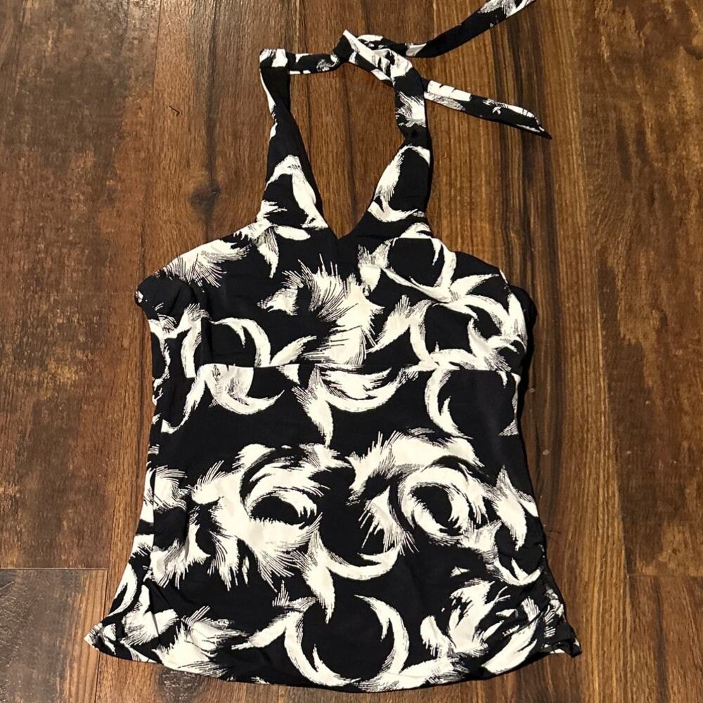 SPANX Tankini Top 12 Black White Abstract Built in Underwire Bra Swim Halter